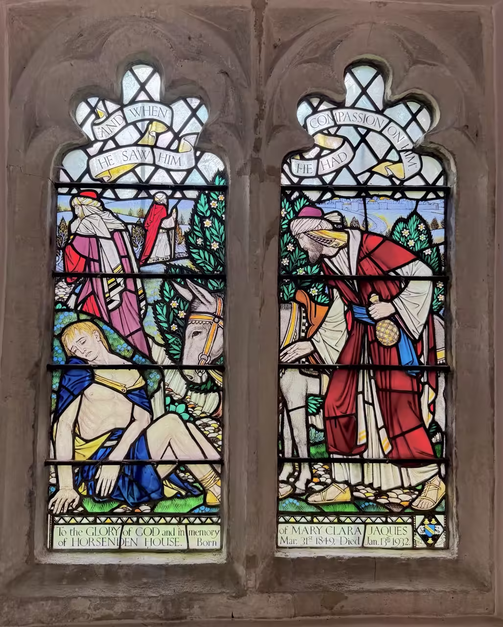 Stained glass depicting the Good Samaritan